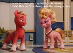 Size: 561x406 | Tagged: safe, edit, edited screencap, screencap, phyllis cloverleaf, sprout cloverleaf, earth pony, pony, g5, my little pony: a new generation, cropped, female, karen, male, mare, speak to the manager, stallion, text