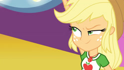 Size: 3410x1920 | Tagged: safe, screencap, applejack, equestria girls, equestria girls specials, g4, my little pony equestria girls: better together, my little pony equestria girls: rollercoaster of friendship, applejack's hat, clothes, cowboy hat, cutie mark, cutie mark on clothes, female, geode of super strength, hat, high res, jewelry, magical geodes, necklace, smiling, smirk, solo