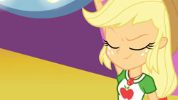 Size: 3410x1920 | Tagged: safe, screencap, applejack, equestria girls, equestria girls specials, g4, my little pony equestria girls: better together, my little pony equestria girls: rollercoaster of friendship, applejack's hat, clothes, cowboy hat, cutie mark, cutie mark on clothes, eyes closed, female, geode of super strength, hat, high res, jewelry, magical geodes, necklace, smiling, solo