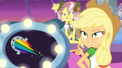 Size: 3410x1920 | Tagged: safe, screencap, applejack, sunset shimmer, vignette valencia, equestria girls, equestria girls specials, g4, my little pony equestria girls: better together, my little pony equestria girls: rollercoaster of friendship, applejack's hat, clothes, cowboy hat, cutie mark, cutie mark on clothes, female, hat, high res, hologram, jewelry, necklace, smiling