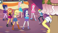 Size: 3410x1920 | Tagged: safe, screencap, applejack, fluttershy, pinkie pie, rainbow dash, rarity, sci-twi, sunset shimmer, twilight sparkle, vignette valencia, equestria girls, equestria girls series, g4, rollercoaster of friendship, applejack's hat, belt, boots, bowtie, bracelet, clothes, converse, cowboy boots, cowboy hat, crossed arms, cutie mark, cutie mark on clothes, denim skirt, female, geode of empathy, geode of fauna, geode of shielding, geode of sugar bombs, geode of super speed, geode of super strength, geode of telekinesis, glasses, hairpin, hat, high heels, high res, hoodie, humane five, humane seven, humane six, jacket, jewelry, leather, leather jacket, magical geodes, necklace, open mouth, ponytail, rarity peplum dress, sandals, shoes, skirt, sneakers, tank top