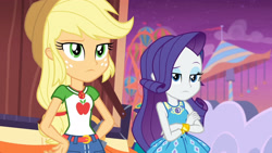 Size: 3410x1920 | Tagged: safe, screencap, applejack, blueberry cake, rarity, equestria girls, equestria girls specials, g4, my little pony equestria girls: better together, my little pony equestria girls: rollercoaster of friendship, applejack's hat, belt, bracelet, clothes, cowboy hat, crossed arms, cutie mark, cutie mark on clothes, denim skirt, female, geode of shielding, geode of super strength, hat, high res, jewelry, magical geodes, necklace, rarity peplum dress, skirt, tank top