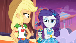 Size: 3410x1920 | Tagged: safe, screencap, applejack, blueberry cake, rarity, equestria girls, equestria girls specials, g4, my little pony equestria girls: better together, my little pony equestria girls: rollercoaster of friendship, applejack's hat, belt, bracelet, clothes, cowboy hat, crossed arms, cutie mark, cutie mark on clothes, denim skirt, female, geode of shielding, geode of super strength, hat, high res, jewelry, looking at each other, magical geodes, necklace, open mouth, rarity peplum dress, skirt, tank top