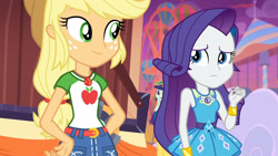 Size: 3410x1920 | Tagged: safe, screencap, applejack, blueberry cake, rarity, equestria girls, equestria girls specials, g4, my little pony equestria girls: better together, my little pony equestria girls: rollercoaster of friendship, applejack's hat, belt, bracelet, clothes, cowboy hat, denim skirt, female, geode of shielding, geode of super strength, hairpin, hat, high res, jewelry, magical geodes, open mouth, rarity peplum dress, skirt, smiling