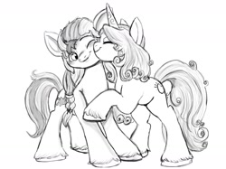 Size: 1280x959 | Tagged: safe, artist:beckydoki, izzy moonbow, sunny starscout, earth pony, pony, unicorn, g5, my little pony: a new generation, cute, female, grayscale, izzybetes, lesbian, monochrome, nuzzling, one eye closed, ship:moonscout, shipping, simple background, sketch, sunnybetes, white background