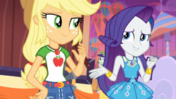 Size: 3410x1920 | Tagged: safe, screencap, applejack, blueberry cake, rarity, equestria girls, equestria girls specials, g4, my little pony equestria girls: better together, my little pony equestria girls: rollercoaster of friendship, applejack's hat, belt, bracelet, clothes, cowboy hat, denim skirt, female, geode of shielding, geode of super strength, hairpin, hat, high res, jewelry, magical geodes, open mouth, rarity peplum dress, skirt, smiling