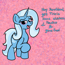 Size: 2000x2000 | Tagged: safe, artist:dafiltafish, trixie, pony, unicorn, g4, abstract background, high res, solo, talking in third person, text