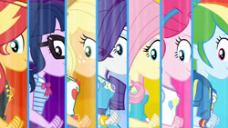 Size: 3410x1920 | Tagged: safe, screencap, applejack, fluttershy, pinkie pie, rainbow dash, rarity, sci-twi, sunset shimmer, twilight sparkle, equestria girls, equestria girls specials, g4, my little pony equestria girls: better together, my little pony equestria girls: rollercoaster of friendship, applejack's hat, belt, bowtie, clothes, cowboy hat, cutie mark, cutie mark on clothes, denim skirt, female, geode of empathy, geode of fauna, geode of shielding, geode of sugar bombs, geode of super speed, geode of super strength, geode of telekinesis, glasses, hat, high res, hoodie, humane five, humane seven, humane six, jacket, jewelry, leather, leather jacket, magical geodes, necklace, ponytail, rarity peplum dress, skirt, smiling, transformation