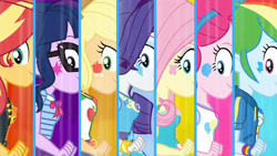 Size: 3410x1920 | Tagged: safe, screencap, applejack, fluttershy, pinkie pie, rainbow dash, rarity, sci-twi, sunset shimmer, twilight sparkle, equestria girls, equestria girls specials, g4, my little pony equestria girls: better together, my little pony equestria girls: rollercoaster of friendship, alternative cutie mark placement, applejack's hat, awesome cutie mark, belt, bowtie, bracelet, breasts, clothes, cowboy hat, cutie mark, cutie mark on clothes, denim skirt, facial cutie mark, female, geode of empathy, geode of fauna, geode of shielding, geode of sugar bombs, geode of super speed, geode of super strength, geode of telekinesis, glasses, hat, headband, high res, hoodie, humane five, humane seven, humane six, image macro, jacket, jewelry, leather, leather jacket, magical geodes, necklace, ponytail, rarity peplum dress, shirt, side view, skirt, smiling, t-shirt, tank top, transformation, transformation sequence, vest
