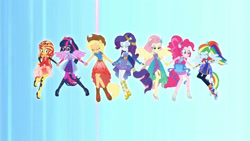 Size: 3410x1920 | Tagged: safe, screencap, applejack, fluttershy, pinkie pie, rainbow dash, rarity, sci-twi, sunset shimmer, twilight sparkle, equestria girls, equestria girls series, g4, rollercoaster of friendship, eyes closed, female, glasses, high res, humane five, humane seven, humane six, ponied up, ponytail, sandals, shoes, smiling, sneakers, wings