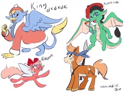 Size: 1280x960 | Tagged: safe, artist:beckydoki, part of a set, dragon, earth pony, fairy, fairy pony, griffon, original species, pony, waddle dee, adeleine, bald face, bandana, beret, blaze (coat marking), bow, clothes, coat markings, dragonified, facial markings, fairy wings, griffonized, hair bow, hat, king dedede, kirby (series), paintbrush, pale belly, ponified, ribbon (kirby), robe, simple background, spear, weapon, white background, wings