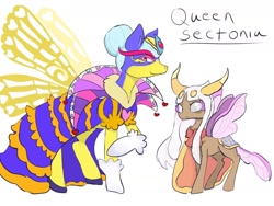 Size: 1280x960 | Tagged: safe, artist:beckydoki, part of a set, changedling, changeling, changedlingified, clothes, dress, duality, hair bun, horns, insect wings, kirby (series), kirby: triple deluxe, ponified, queen sectonia, scarf, simple background, white background, wings