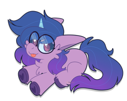 Size: 1614x1282 | Tagged: safe, artist:saveraedae, izzy moonbow, pony, unicorn, g5, my little pony: a new generation, :p, cheek fluff, chest fluff, cute, female, filly, filly izzy moonbow, glasses, heart, hoof heart, izzybetes, lying down, solo, tongue out, underhoof, upside-down hoof heart, younger