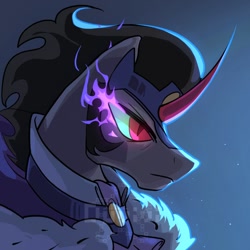 Size: 1080x1080 | Tagged: safe, artist:duvivi, idw, king sombra, pony, unicorn, g4, reflections, spoiler:comic, bust, clothes, curved horn, eye mist, former good king sombra, good king sombra, horn, male, palindrome get, profile, red eyes, slit pupils, solo, sombra eyes, stallion, watermark