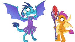 Size: 1799x1024 | Tagged: safe, edit, vector edit, princess ember, smolder, dragon, g4, bloodstone scepter, body swap, cheerleader, cheerleader outfit, clothes, dragon lord ember, dragon lord smolder, dragoness, duo, duo female, eye color change, fanfic, fanfic art, female, freaky friday, role reversal, shocked, simple background, transparent background, vector, white background, wings