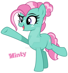 Size: 1280x1387 | Tagged: safe, artist:hate-love12, artist:mint-light, minty, earth pony, pony, g3, g4, base used, deviantart watermark, female, g3 to g4, generation leap, mare, obtrusive watermark, open mouth, raised hoof, simple background, smiling, solo, transparent background, watermark