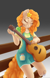 Size: 1626x2493 | Tagged: safe, alternate version, artist:cuervo-of-cristal, pear butter, earth pony, anthro, g4, background removed, clothes, eyes closed, female, flower, flower in hair, gradient background, guitar, musical instrument, overalls, signature, smiling