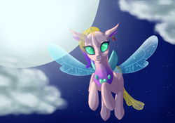 Size: 1960x1369 | Tagged: safe, artist:cuervo-of-cristal, oc, oc only, changedling, changeling, changedling oc, changeling oc, cloud, ear piercing, female, flying, full moon, moon, outdoors, piercing, solo