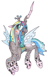 Size: 800x1278 | Tagged: safe, artist:emfen, queen chrysalis, changeling, changeling queen, g4, crown, female, jewelry, rainbow power, rainbow power-ified, regalia, simple background, solo, traditional art, transparent background, watermark