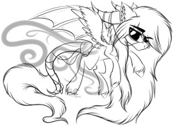 Size: 3296x2401 | Tagged: safe, artist:beamybutt, oc, oc only, pegasus, pony, black sclera, ear fluff, high res, hoof fluff, horns, lineart, male, monochrome, pegasus oc, solo, stallion, wings