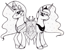 Size: 800x636 | Tagged: safe, artist:emfen, princess celestia, princess luna, alicorn, pony, g4, duo, grayscale, ink drawing, monochrome, royal sisters, siblings, simple background, sisters, traditional art, transparent background, watermark