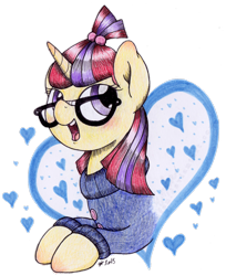 Size: 2212x2712 | Tagged: safe, artist:emfen, moondancer, pony, unicorn, g4, clothes, cute, glasses, heart, heart background, high res, lightly watermarked, open mouth, open smile, simple background, smiling, solo, sweater, traditional art, transparent background, watermark