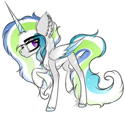 Size: 960x870 | Tagged: safe, artist:beamybutt, oc, oc only, alicorn, pony, alicorn oc, chest fluff, ear fluff, ethereal mane, horn, male, raised hoof, simple background, solo, stallion, starry mane, story included, unshorn fetlocks, white background, wings