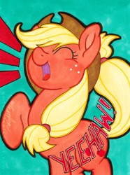 Size: 800x1077 | Tagged: safe, artist:emfen, applejack, earth pony, pony, g4, eyes closed, lightly watermarked, open mouth, open smile, raised hoof, smiling, solo, traditional art, watermark, yeehaw