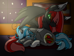 Size: 1024x768 | Tagged: safe, artist:sketchytwi, oc, pegasus, pony, unicorn, duo, female, horn, indoors, lying down, mare, night, pegasus oc, prone, stars, unicorn oc, wings