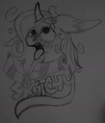 Size: 1604x1870 | Tagged: safe, artist:sketchytwi, oc, oc only, oc:sketchy, pony, unicorn, ahegao, bust, clothes, eyes rolling back, female, horn, mare, messy mane, open mouth, scarf, solo, tongue out, traditional art, unicorn oc