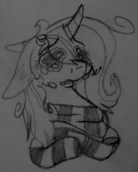 Size: 1028x1280 | Tagged: safe, artist:sketchytwi, oc, oc only, oc:sketchy, pony, unicorn, bust, clothes, crying, female, floppy ears, horn, mare, scarf, solo, traditional art, unicorn oc