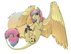 Size: 1315x1000 | Tagged: safe, artist:royvdhel-art, oc, oc only, pegasus, pony, colored wings, ear fluff, female, flying, leonine tail, mare, solo, tail, two toned wings, unshorn fetlocks, wings