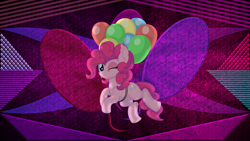 Size: 3840x2160 | Tagged: safe, artist:cyanlightning, artist:laszlvfx, edit, pinkie pie, pony, g4, ;p, balloon, floating, high res, one eye closed, pinkie being pinkie, ponk, silly, solo, then watch her balloons lift her up to the sky, tongue out, wallpaper, wallpaper edit, wink