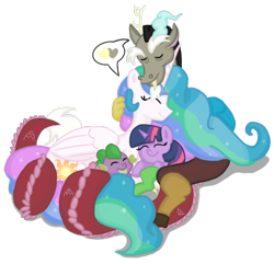 Size: 640x616 | Tagged: safe, artist:mrsegbert, discord, princess celestia, spike, twilight sparkle, alicorn, draconequus, dragon, pony, g4, alternate universe, baby, baby pony, baby spike, cutie mark, eyes closed, family, female, filly, filly twilight sparkle, heart, male, momlestia, ship:dislestia, shipping, simple background, sleeping, snuggling, story in the source, story included, straight, tail, tail wrap, transparent background, younger