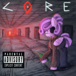 Size: 1600x1600 | Tagged: safe, artist:menalia, oc, oc only, oc:shiru, pegasus, pony, album cover, alcohol, bottle, clothes, door, female, hoodie, hoof hold, mare, pants, parental advisory, shoes, solo, text, wings