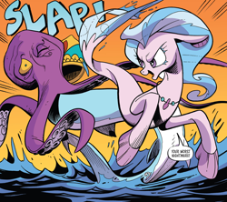 Size: 1988x1763 | Tagged: safe, artist:andy price, idw, mannah, silverstream, lusca, seapony (g4), g4, season 10, spoiler:comic, spoiler:comic102, badass, blue mane, comic, female, fins, fish tail, flowing tail, jewelry, knights of harmony, necklace, ocean, one eye closed, open mouth, purple eyes, seapony silverstream, slap, tail, water
