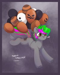 Size: 1627x2048 | Tagged: safe, artist:flixanoa, oc, oc only, oc:goblin, pony, unicorn, :p, balloon, floating, smiling, solo, then watch her balloons lift her up to the sky, tongue out