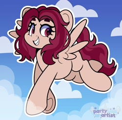 Size: 3348x3307 | Tagged: safe, artist:partypievt, oc, oc only, oc:crimm harmony, pegasus, pony, cloud, eyebrows, eyebrows visible through hair, female, flying, high res, mare, outline, pegasus oc, sky, smiling, solo, spread wings, tail, two toned mane, two toned tail, underhoof, watermark, white outline, wings