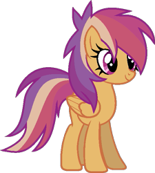 Size: 541x602 | Tagged: safe, artist:fillivanilli, oc, oc only, oc:speedy skies, pegasus, pony, female, folded wings, magical lesbian spawn, missing cutie mark, multicolored mane, multicolored tail, offspring, orange fur, parent:rainbow dash, parent:scootaloo, parents:scootadash, pegasus oc, pink eyes, show accurate, simple background, smiling, standing, tail, transparent background, wings