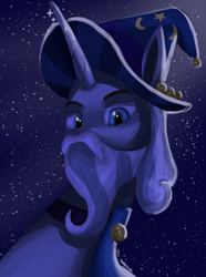 Size: 1000x1346 | Tagged: safe, artist:vezja, star swirl the bearded, pony, unicorn, g4, beard, bell, bust, cloak, clothes, facial hair, hat, looking at you, male, night, portrait, solo, stallion, stars