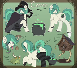 Size: 5028x4416 | Tagged: safe, artist:czu, oc, oc only, oc:coven, earth pony, pony, toad, antlers, baba yaga, buckle, butt, cauldron, chest fluff, chimney, cloak, clothes, dock, ear fluff, fangs, hat, hooves, horns, long tongue, male, mushroom, nudity, plot, pot, potion, purple eyes, reference sheet, sheath, socks, tail, thigh highs, tongue out, vial, walking house, weather vane, witch, witch hat, yellow eyes