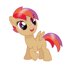 Size: 935x888 | Tagged: safe, artist:miss-barker, edit, oc, oc only, oc:iris dash, pegasus, pony, beige fur, female, filly, happy, lighting, looking offscreen, magical lesbian spawn, multicolored mane, multicolored tail, offspring, open mouth, open smile, parent:rainbow dash, parent:scootaloo, parents:scootadash, pegasus oc, pink eyes, raised hoof, raised leg, show accurate, simple background, small wings, smiling, solo, spread wings, standing, tail, white background, wings