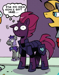 Size: 359x456 | Tagged: safe, artist:andypriceart, idw, flash magnus, tempest shadow, pony, unicorn, g4, spoiler:comic102, broken horn, confused, female, horn, male, mare, night guard, puzzled, reaction image, stallion
