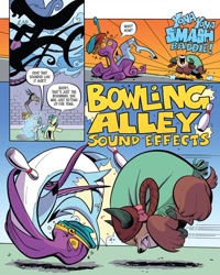 Size: 968x1213 | Tagged: safe, artist:andy price, idw, discord, mannah, ocellus, sandbar, yona, draconequus, lusca, friendship is magic #102, g4, my little pony: friendship is magic (idw), spoiler:comic, bowling alley, bowling pin, descriptive noise, onomatopoeia, sound effects