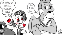 Size: 1200x675 | Tagged: safe, artist:pony-berserker, rarity, spike, dragon, pony, pony-berserker's twitter sketches, g4, the last problem, ambassador spike, blushing, commission, deadpan, female, floating heart, gigachad spike, halftone, heart, heart eyes, male, medallion, monochrome, older, older rarity, older spike, open mouth, open smile, partial color, scratching, ship:sparity, shipping, shipping denied, smiling, straight, wingding eyes, winged spike, wings