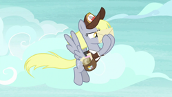 Size: 1920x1080 | Tagged: safe, screencap, derpy hooves, pegasus, pony, g4, school raze, season 8, clothes, envelope, female, flying, hat, mailmare, mailmare hat, mailmare uniform, mare, solo