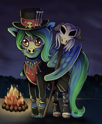 Size: 2700x3272 | Tagged: safe, artist:kenisu-of-dragons, oc, oc only, oc:weldbead, pegasus, pony, campfire, clothes, costume, fire, hat, high res, male, skull, solo