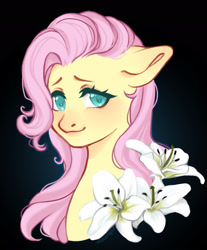 Size: 1920x2324 | Tagged: safe, artist:alexatyan, fluttershy, pegasus, pony, g4, black background, bust, cute, female, floppy ears, flower, high res, lily (flower), looking at you, mare, portrait, shyabetes, simple background, smiling, solo, three quarter view