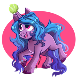 Size: 1080x1080 | Tagged: safe, artist:canisrettmajoris, izzy moonbow, pony, unicorn, g5, my little pony: a new generation, abstract background, ball, colored hooves, eyebrows, eyebrows visible through hair, female, horn, hornball, izzy's tennis ball, missing cutie mark, solo, tennis ball, unshorn fetlocks