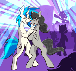 Size: 2103x1962 | Tagged: safe, artist:tratars, dj pon-3, octavia melody, vinyl scratch, earth pony, pony, unicorn, g4, bipedal, dancing, duo, eyes closed, female, happy, lesbian, open mouth, open smile, ship:scratchtavia, shipping, smiling, speaker